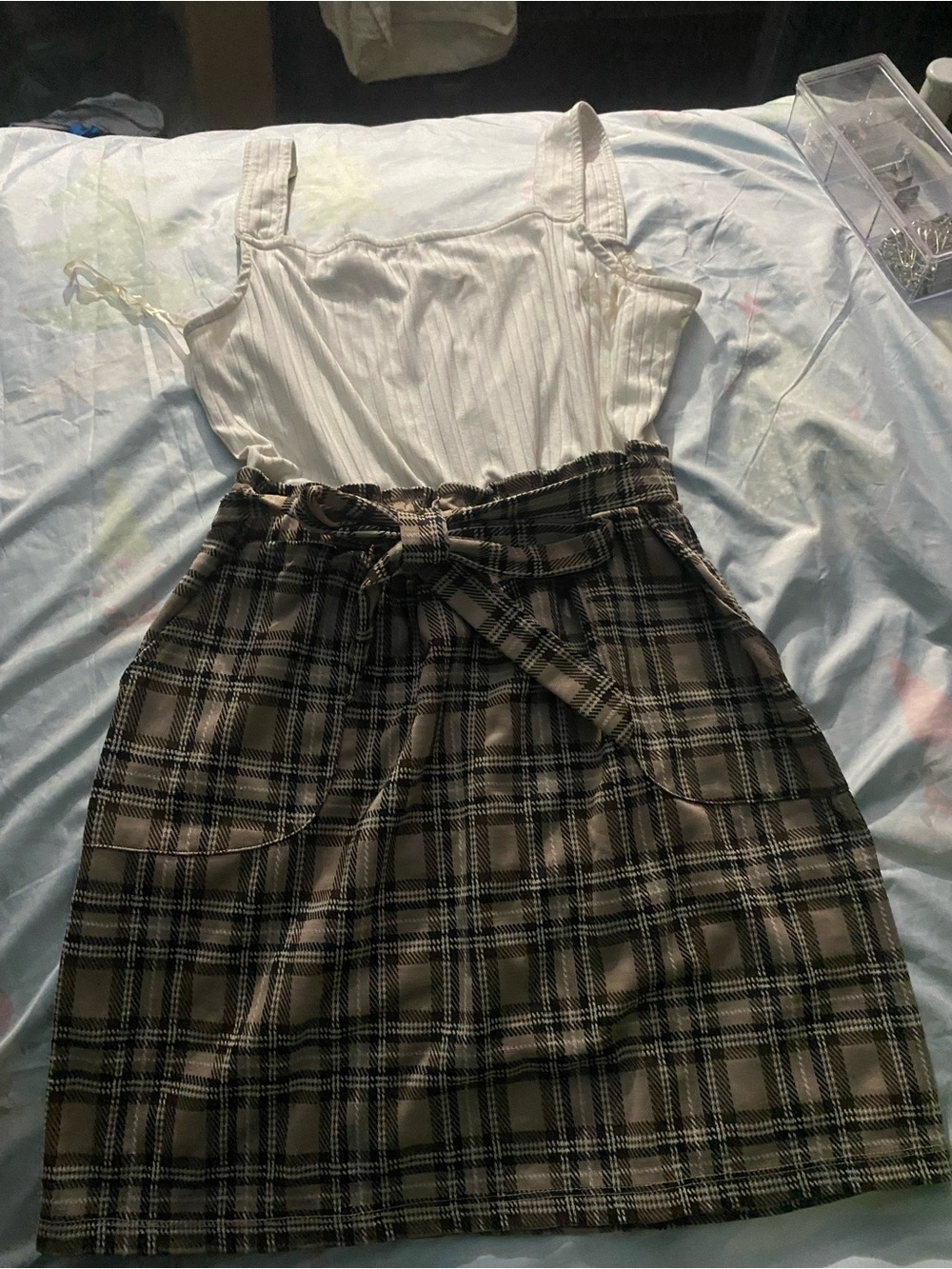 Ultra Flirt White Ribbed Tank with Brown Plaid Paperbag Skirt Set
